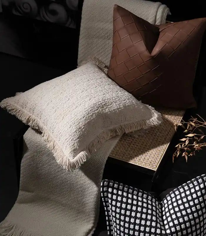 Rustic Elegance Woven Linen Cushion Cover with Fringe Trim 45x45cm