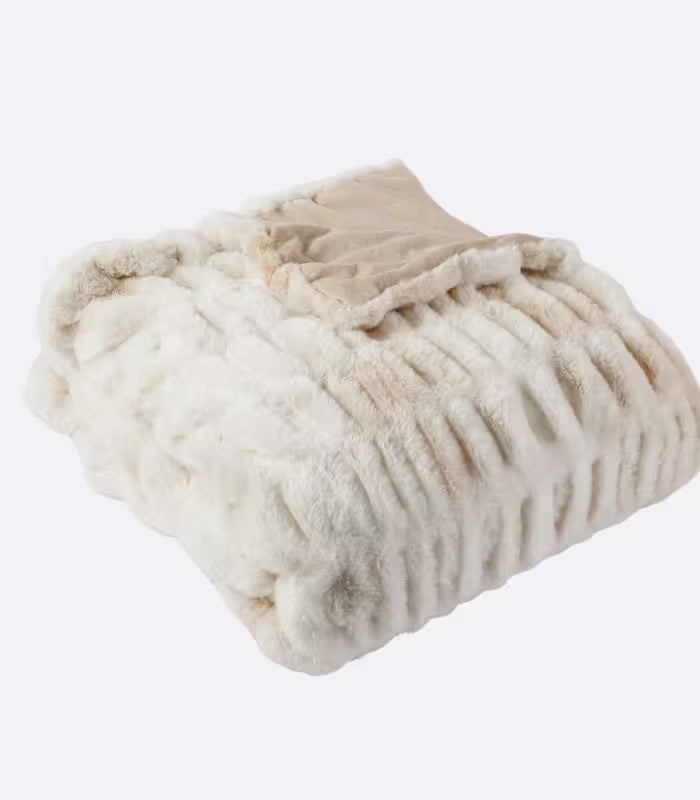 Faux Fur Throw Blanket Luxe Beige Plush and Thick