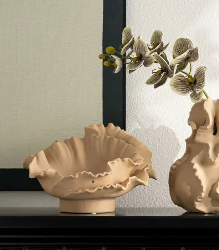 Royal Bloom Decorative Fruit Bowl - Handcrafted Wavy Ceramic Display Bowl 37.5 cm Beige