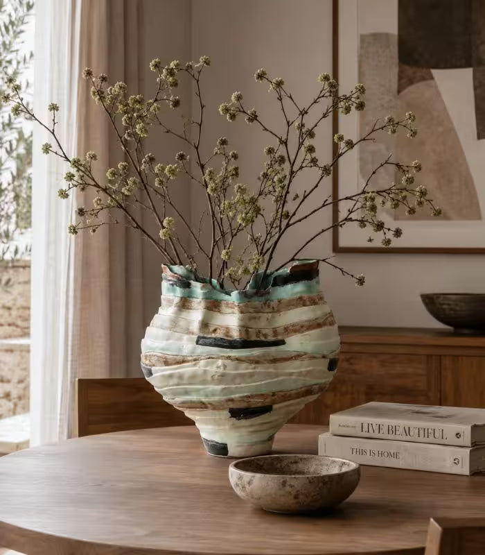Meridian Ceramic Vase – Handcrafted Striped Design 32 cm (12.60 in)