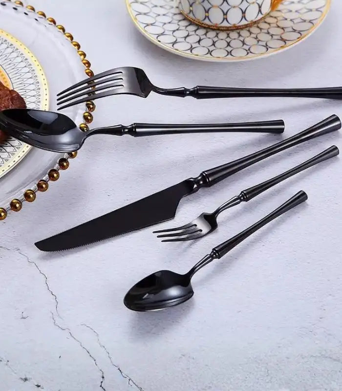 30 Pcs Cutlery Set Stainless Steel Mirror Polished Set for 6 Black