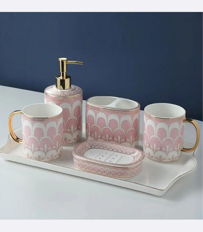 5 Pcs Set Bathroom Assesories Ceramic Pink, White & Gold