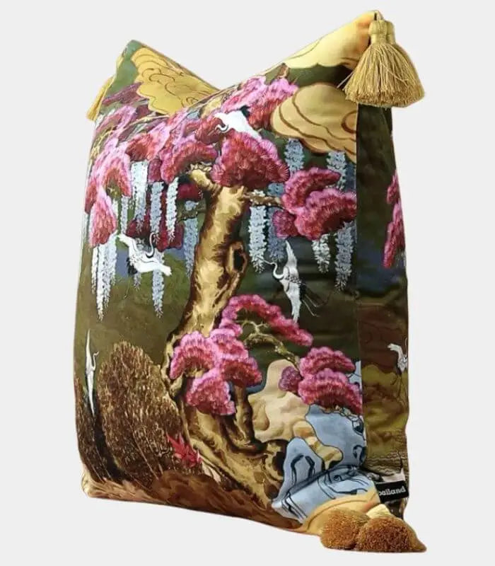 East Asian Garden Tasseled Decorative Cushion Cover - Velvet