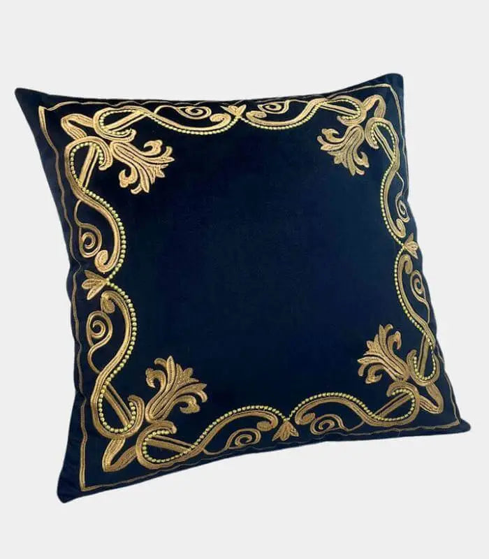 Baroque Embroidered Velvet Cushion Cover - Metallic Thread Border Design - 45x45cm (18x8) - Decorative Throw Pillow Cases