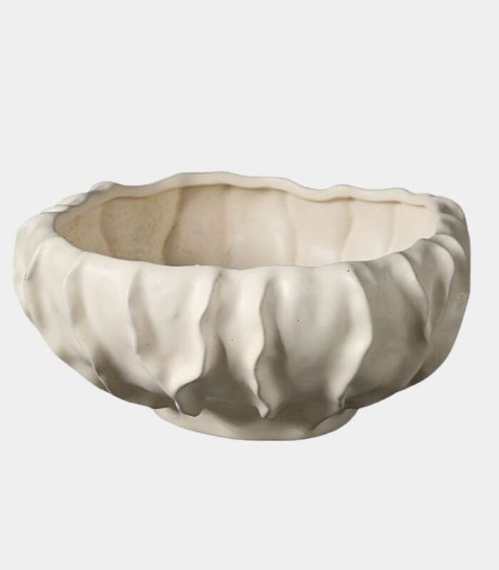 Camille Artisan Ceramic Fruit Bowl - Handcrafted Decorative Wave Design in Ivory White