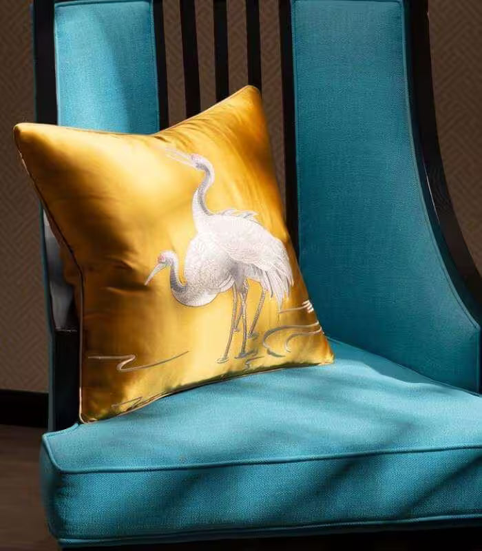Cushion Cover Crane Embroidered Silk Satin 45x45cm