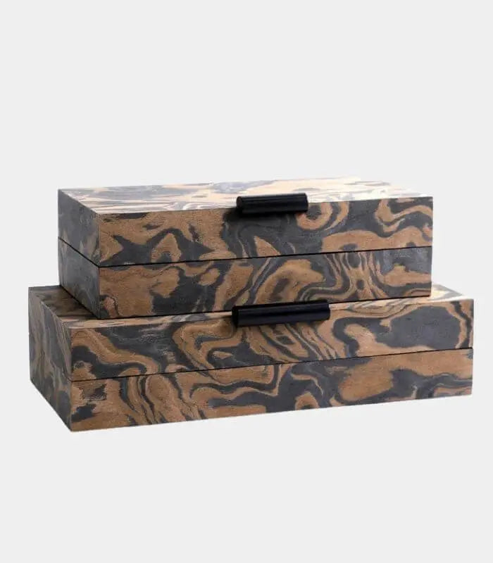 Artisan Marbled Wood Storage Box Set - Handcrafted Decorative Boxes with Metal Handles