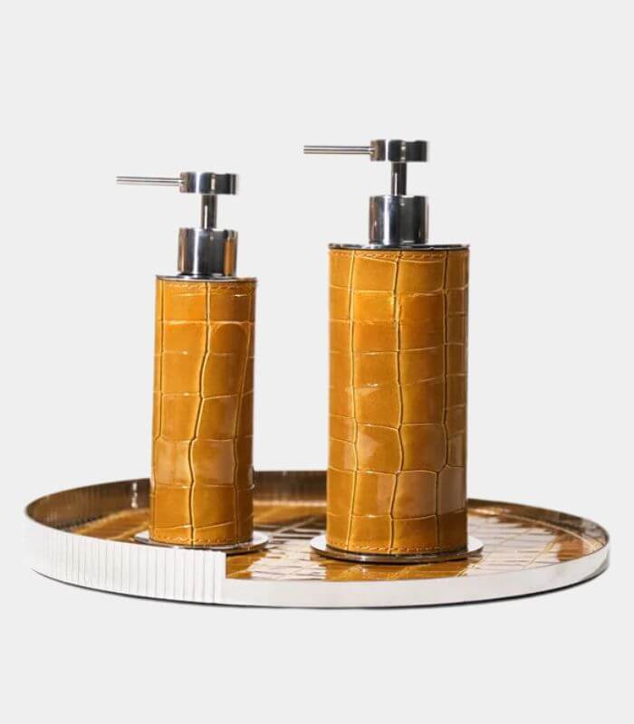 Delvaux Cognac Leather Soap Dispenser – Stainless Steel Accents, Two Sizes