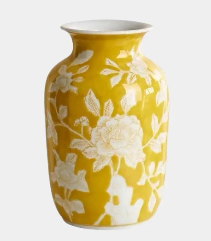 Aurelia Yellow Floral Ceramic Vase – Hand-Painted Botanical Design 23 cm