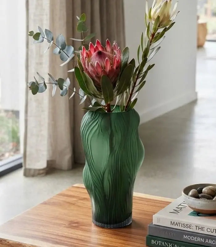 Sylvane Sculptural Glass Vase | Frosted Green Ribbed Decorative Vessel 30 cm / 11.8 in