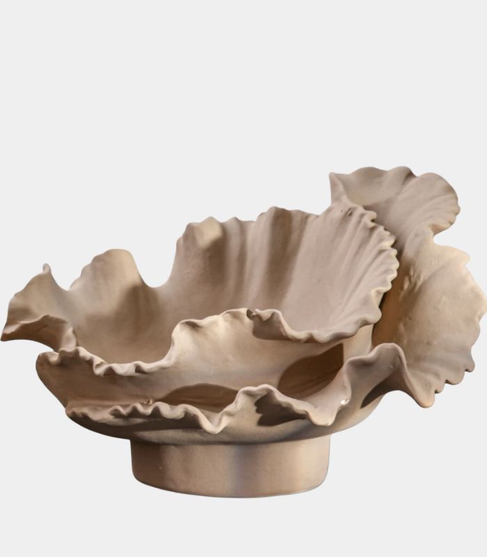 Royal Bloom Decorative Fruit Bowl - Handcrafted Wavy Ceramic Display Bowl 37.5 cm Beige
