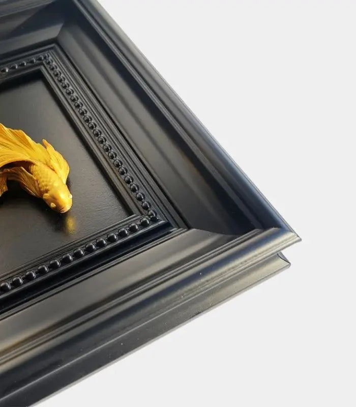 Elegant Betta Fish Wall Art - Hand-Painted Gold Sculpture in Black Wooden Frame