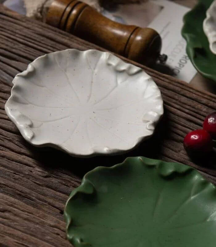 Botanical Ceramic Dinner Plates - White Lotus Leaf Inspired Tableware White