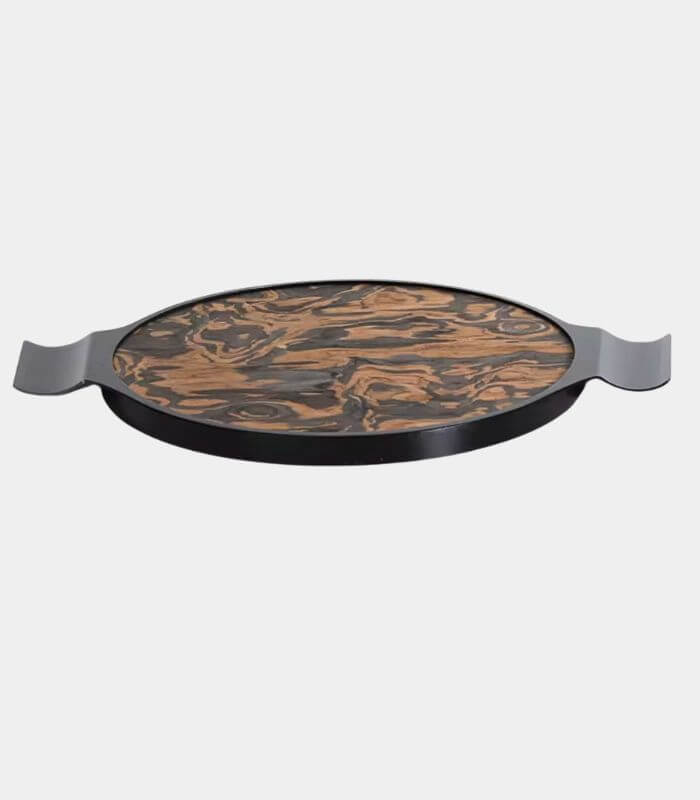 Modern Marbled Round Serving Tray with Handles - Black Metal & Natural Wood Swirl Pattern (35 cm/13.8")
