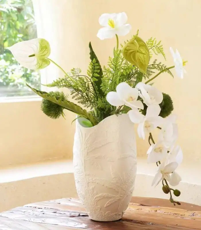 Large Ceramic Vase Embossed Tropical Palm 36 cm