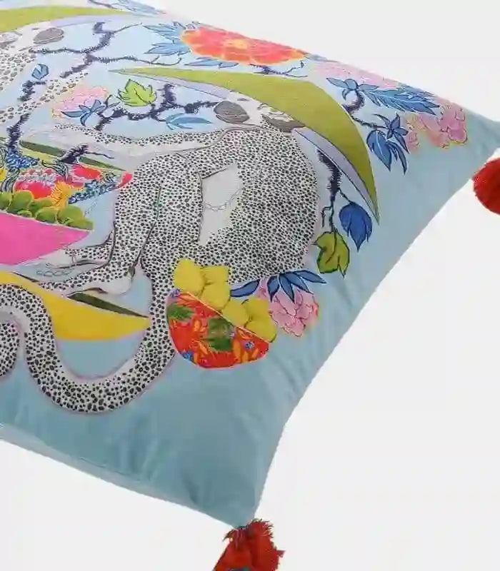 Tropical Bazaar Monkey Cushion Cover Decorative Cushion with Tassel Accents Blue