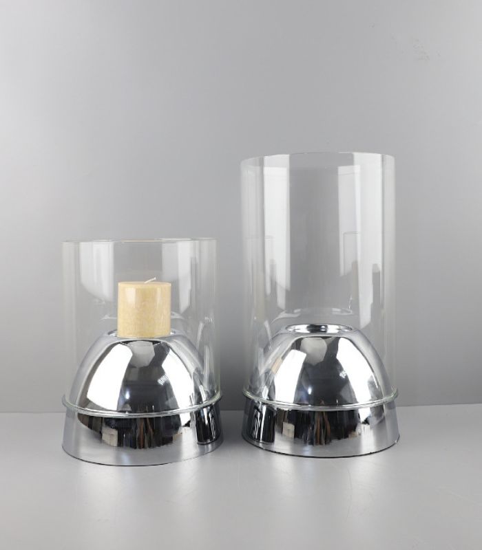Modern Glass and Steel Hurricane Candle Holders