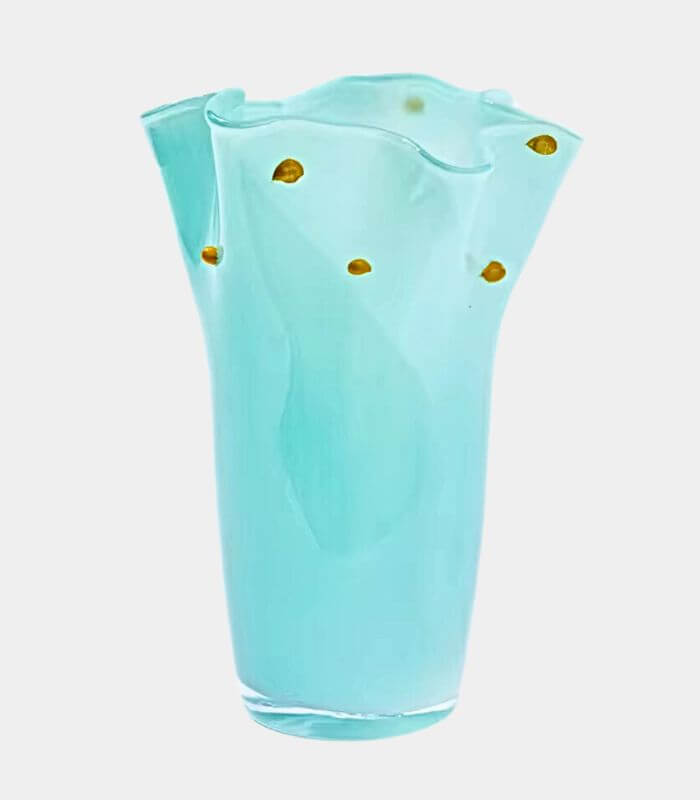 Handcrafted Turquoise Blue Glass Tabletop Vase with Gold Polka Dots - Modern Ruffled Design 34 cm