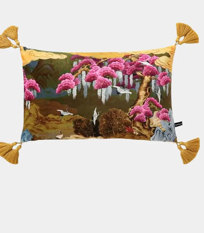 East Asian Garden Tasseled Decorative Cushion Cover - Velvet