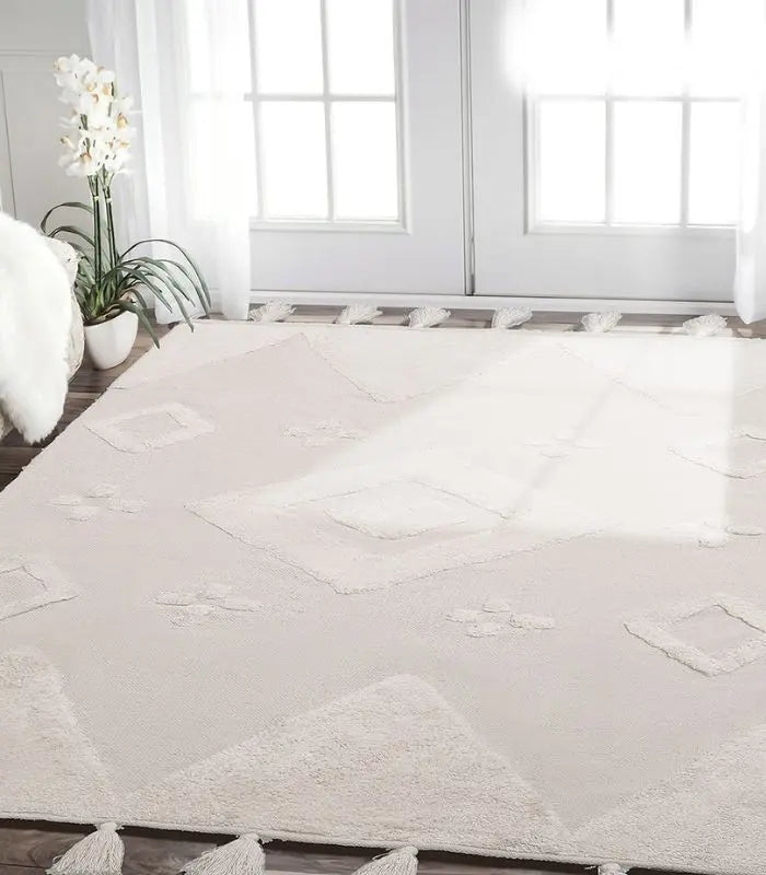 Moroccan Tassel Handmade Rug Beige & White Soft Cotton Non-slip Rug