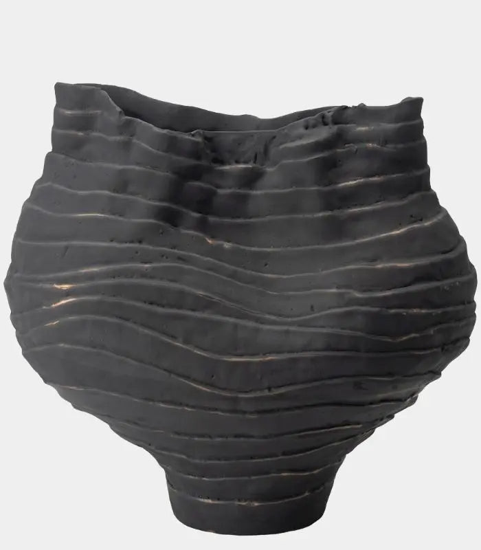 Nairi Large Handmade Ceramic Vase – Matte Black Ridged Sculptural Vessel, Table or Floor