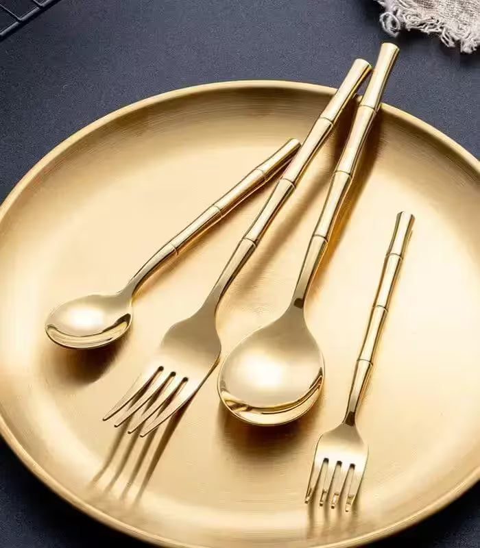 24 Pcs Stainless Steel Cutlery Set for 6 Bamboo Handle Style