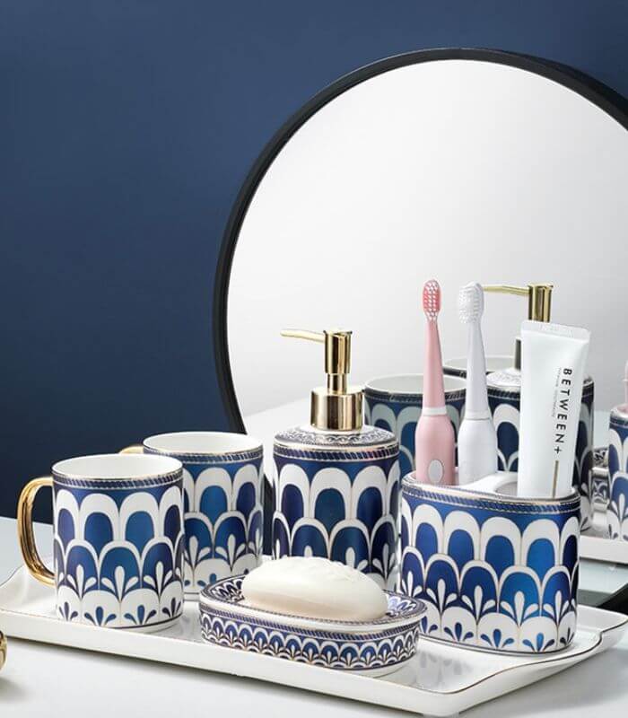 Toothpaste Holder Toothbrush Holder Storage Blue & White Ceramic