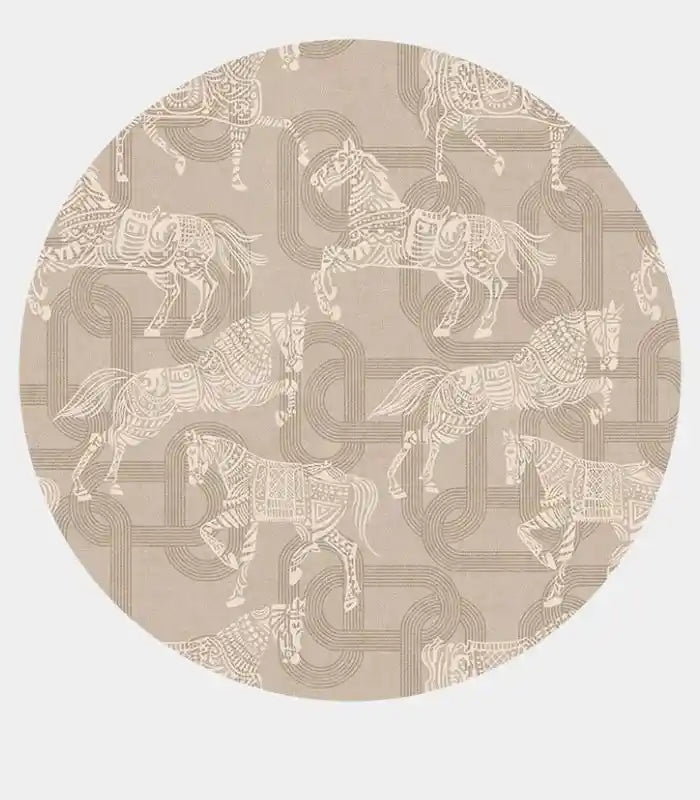 Equestrian Toile Round Rug – Classic Carousel Horse Design Grey