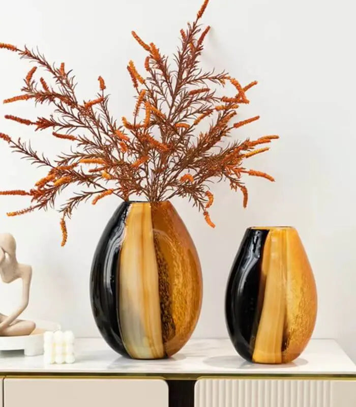Tri-Color Amber Fusion Glass Vase - Modern Art Deco Style Tabletop Vase