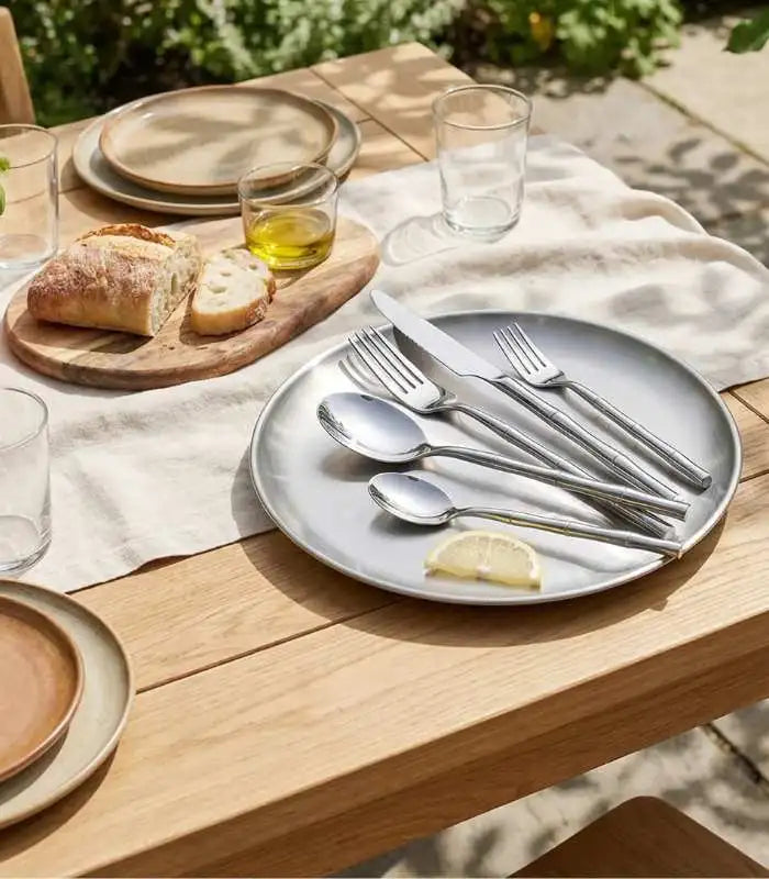 30 Pcs Stainless Steel Cutlery Set for 6 Bamboo Handle Style