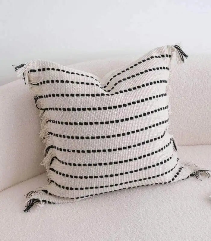 Lotos Albus Striped Woven Cushion Cover – Cotton Linen Blend with Tassels 45x45 cm
