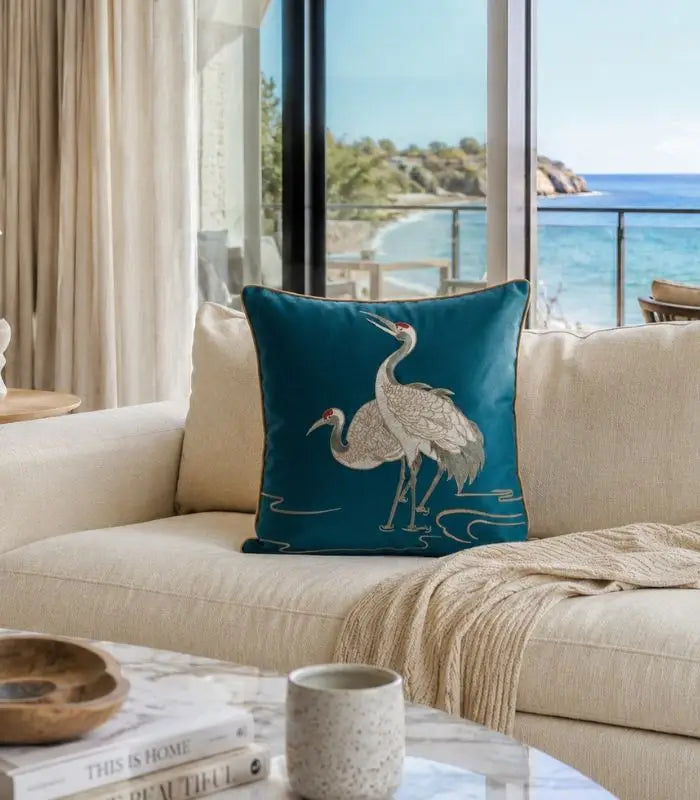Cushion Cover Crane Embroidered Silk Satin 45x45cm Blue