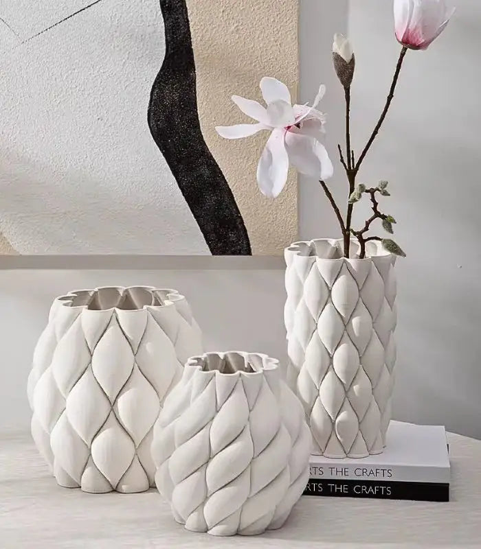 Artisanal 3D Printed Quilted Ceramic Vase Modern Geometric Design