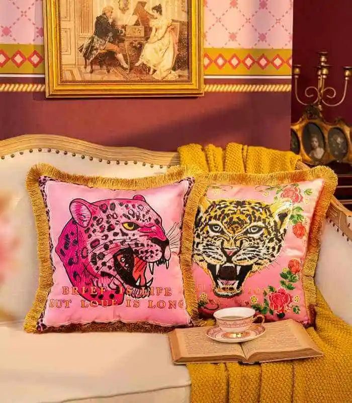 Pink Leopard Velvet Decorative Cushion Cover Fringed Edge Square 45 cm