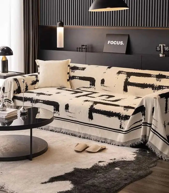 Sofa Cover | Couch Cover Geometric Art Deco Motif Black and White