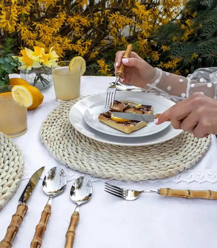 24 Pc Natural Bamboo Handle Cutlery Set Stainless Steel Flatware