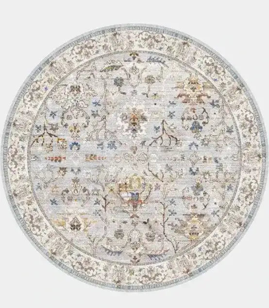 Vintage Style Floral Area Rug Round Light Blue