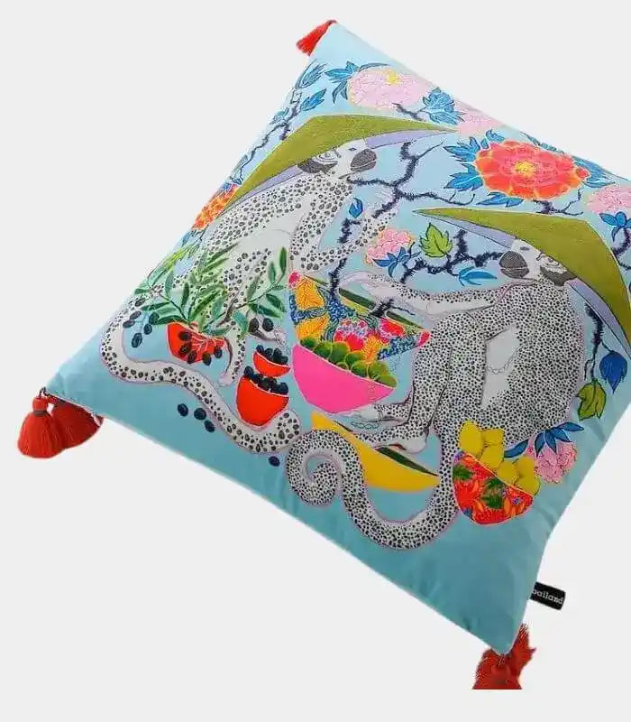 Tropical Bazaar Monkey Cushion Cover Decorative Cushion with Tassel Accents Blue