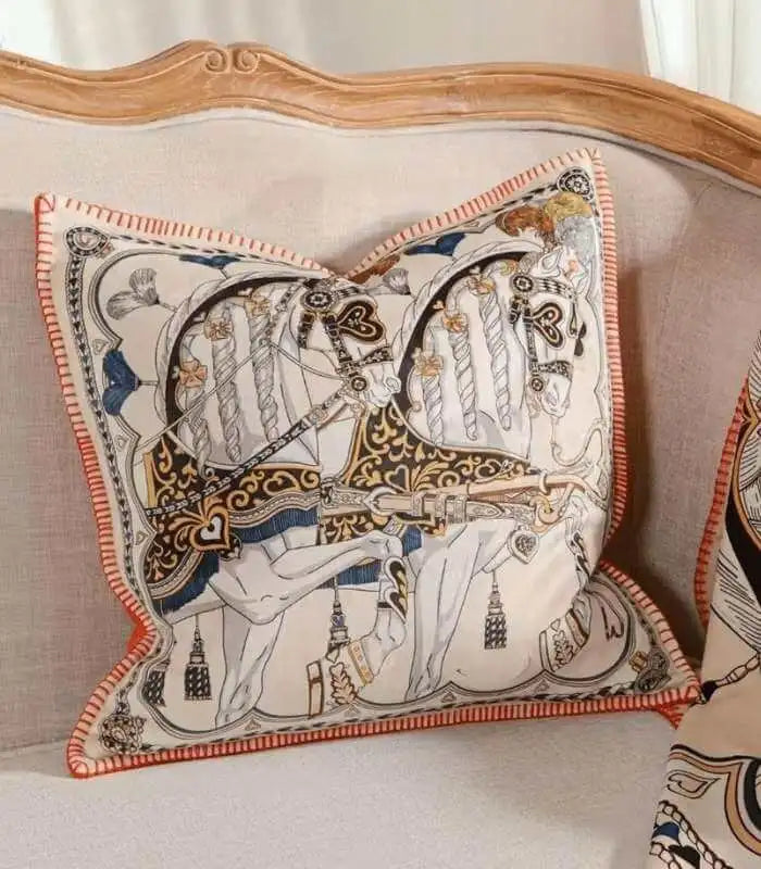 Equestrian Horse Print Cushion Cover 45 cm (18 in) – Polyester Cotton Blend, 2 Colours – Elegant Decorative Throw Pillow