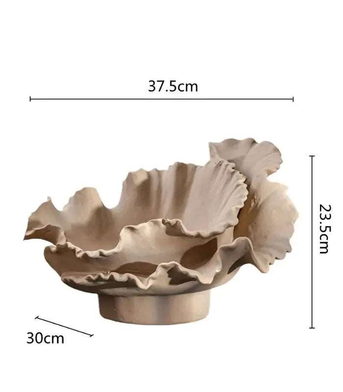 Royal Bloom Decorative Fruit Bowl - Handcrafted Wavy Ceramic Display Bowl 37.5 cm Beige