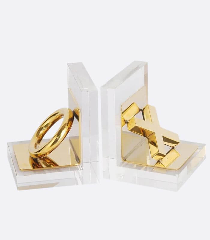 Set of 2 Pcs Tic-tac-toe Crystal Glass Bookends Gold