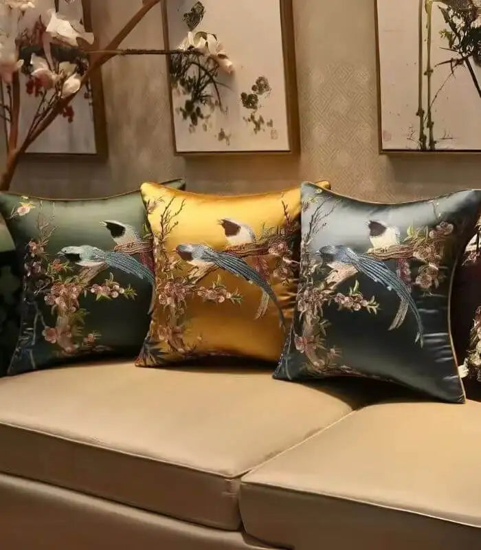 Handcrafted Oriental Bird Silk Satin Cushion Cover Embroidered Decorative Pillow Case 45 cm