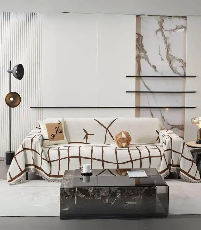 Abstract Patterned Knitted Throw Blanket | Double Sided Sofa Cover Brown White