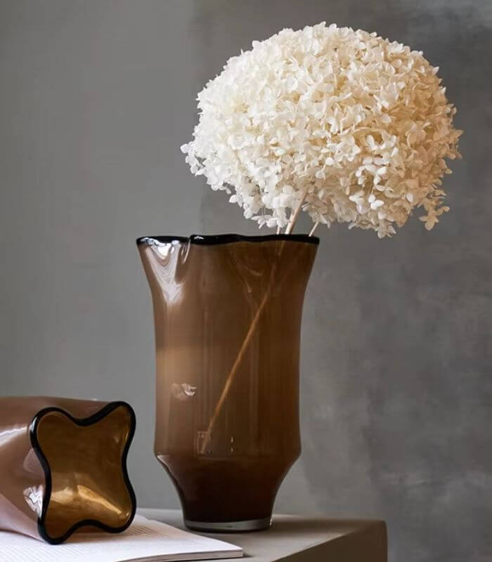 Smoky Brown Artisanal Glass Vase Terra Wave with Black Rim Detail Large 30 cm