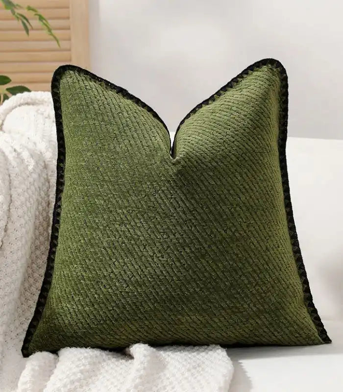 Verdant Moss Cushion Cover - Textured Jacquard with Contrast Piping Green
