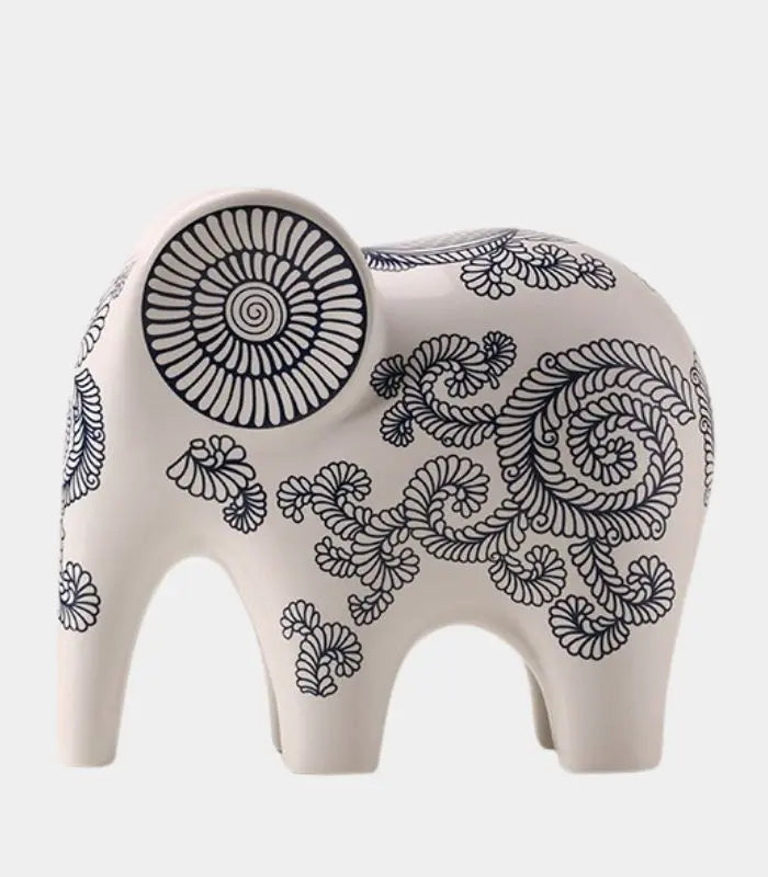 Indra Ceramic Elephant Sculpture – Hand-Decorated Design White & Blue