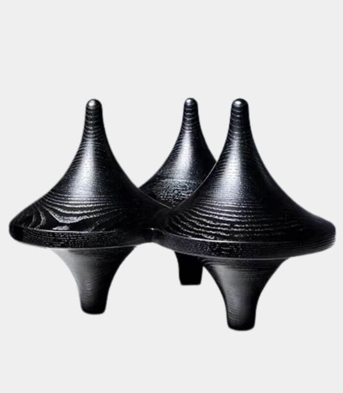 Modernist Triple Spinning-Top Sculpture | Handcrafted Black Wood-Grain Object 28 cm