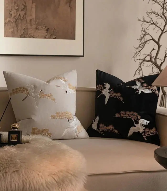 Embroidered Crane Velvet Cushion Cover – Japanese-Inspired Bird Design