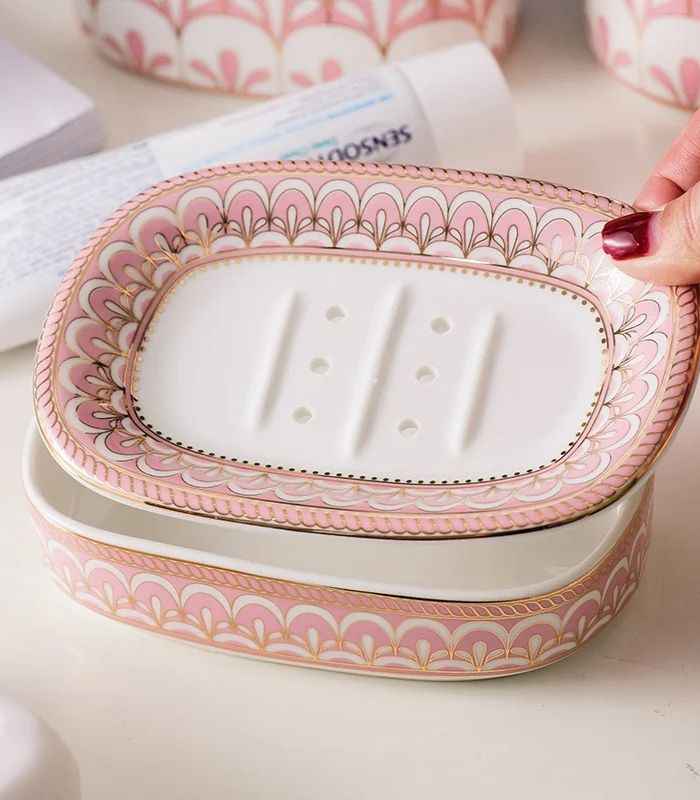 5 Pcs Set Bathroom Assesories Ceramic Pink, White & Gold