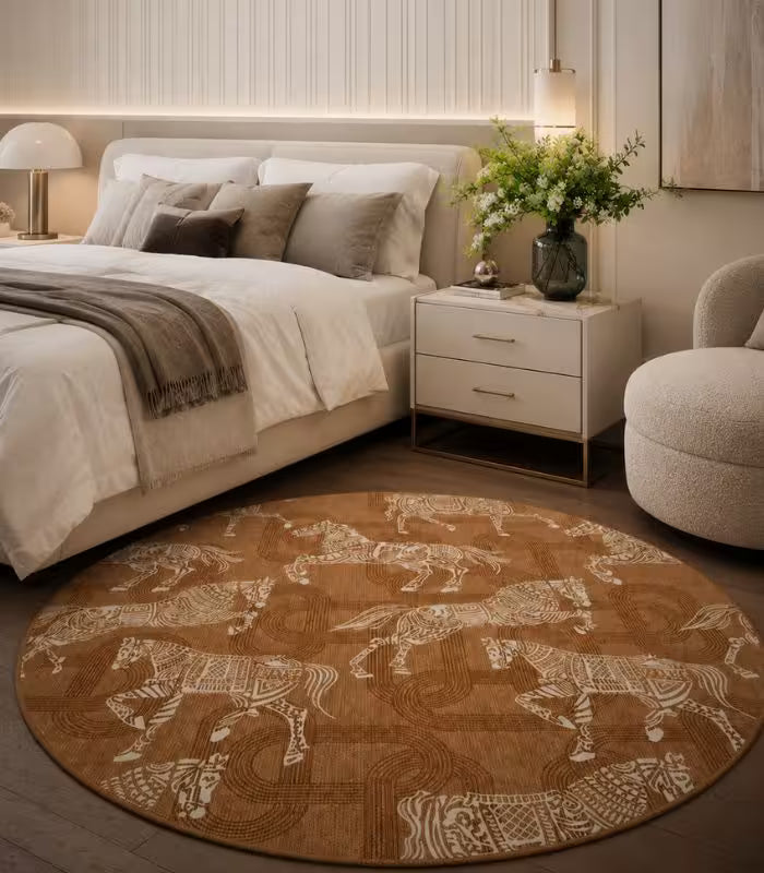 Equestrian Toile Round Rug – Classic Carousel Horse Design Brown
